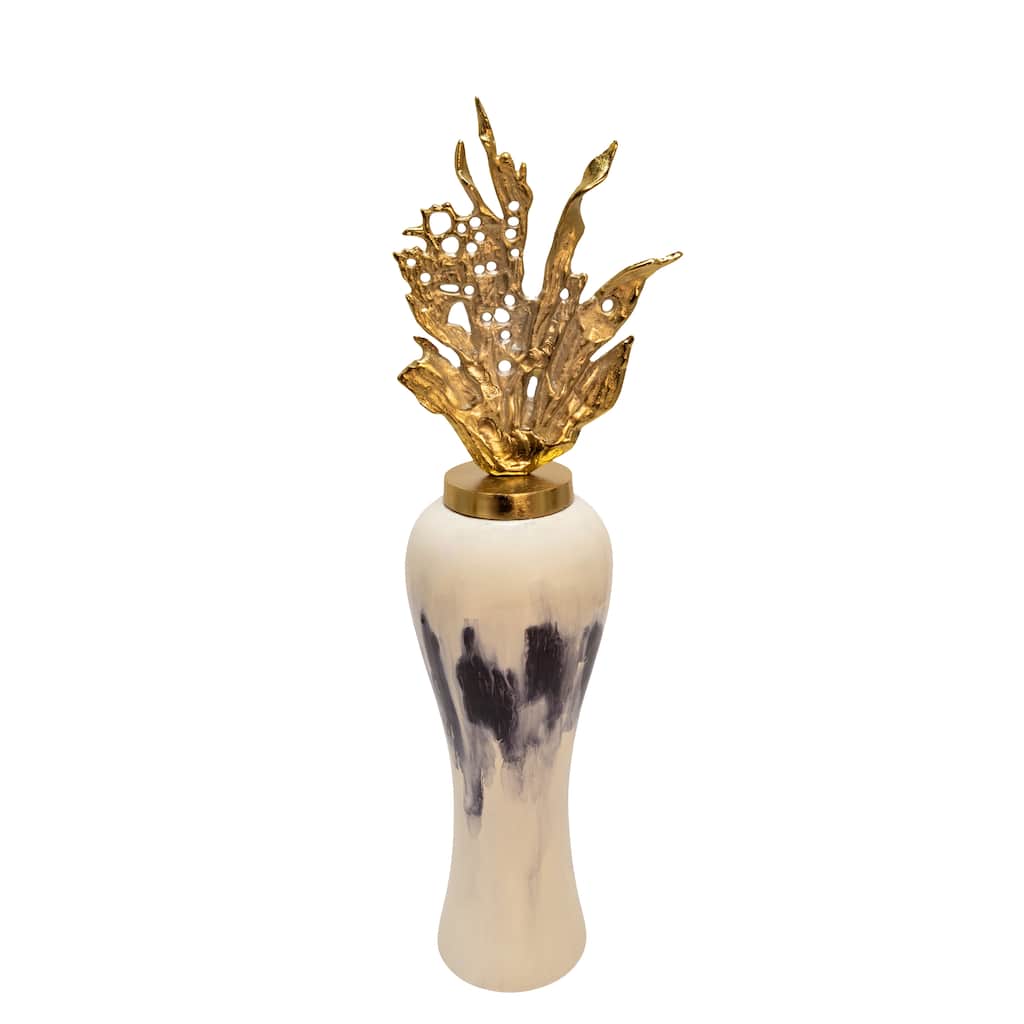 Metal Vase - Contemporary Glam Aluminum and Glass Vase with Creative Leaf Lid Decorative Table Decor