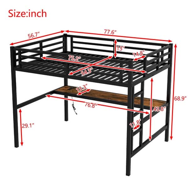 Metal TwinXL/Full Size Loft Bed with Power Outlet and LED Lighted, Noise Reduced