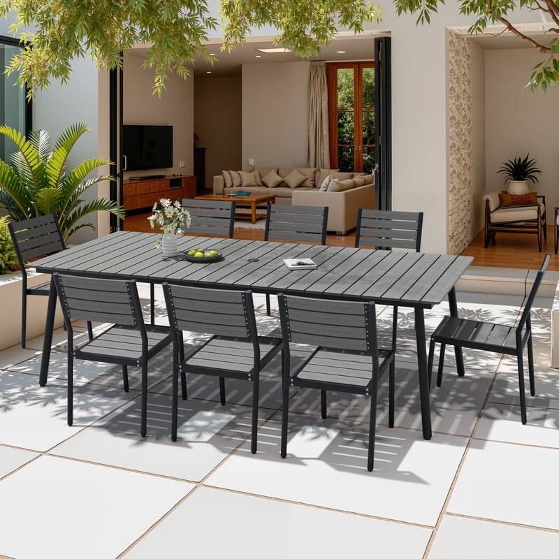 9-Piece Outdoor Patio Dining Set Wood-Like Table Top Alumium Umbrella Hole Table with Stackable Armless Dining Chairs - Grey