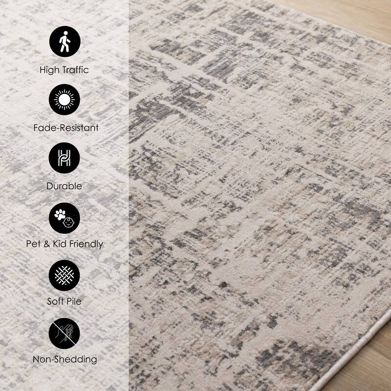 Grey Abstract Distressed High-Traffic Textured Area Rug