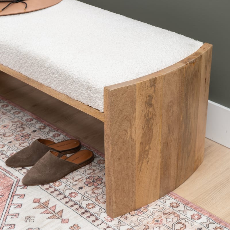 Wylam Cream Sherpa Knit Upholstered Curved Mango Wood Bench