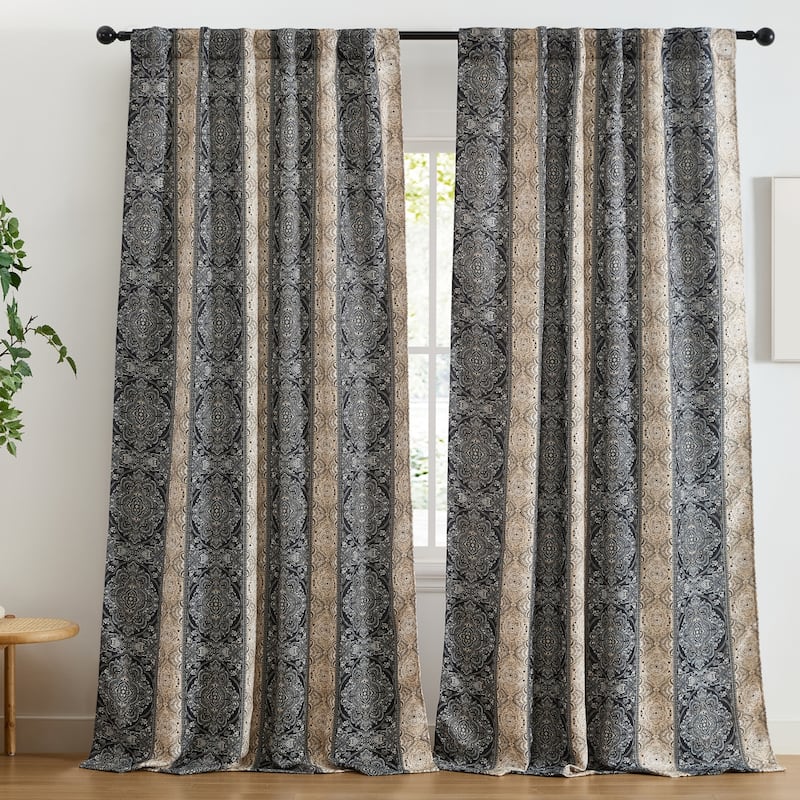 HLC.ME William Boho Damask Striped Window Back Tab Rod Pocket Curtains - Light Blocking Darkening Panels, Set of 2 - Black - 52" W x 96" L per panel
