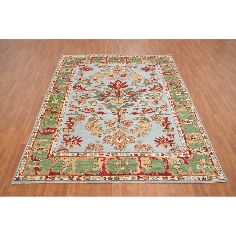 Hand Knotted Oriental 100% Wool Carpet Transitional Floral Navy Blue & Blues Oushak Area Rug - 9' 8'' X 8' 2''