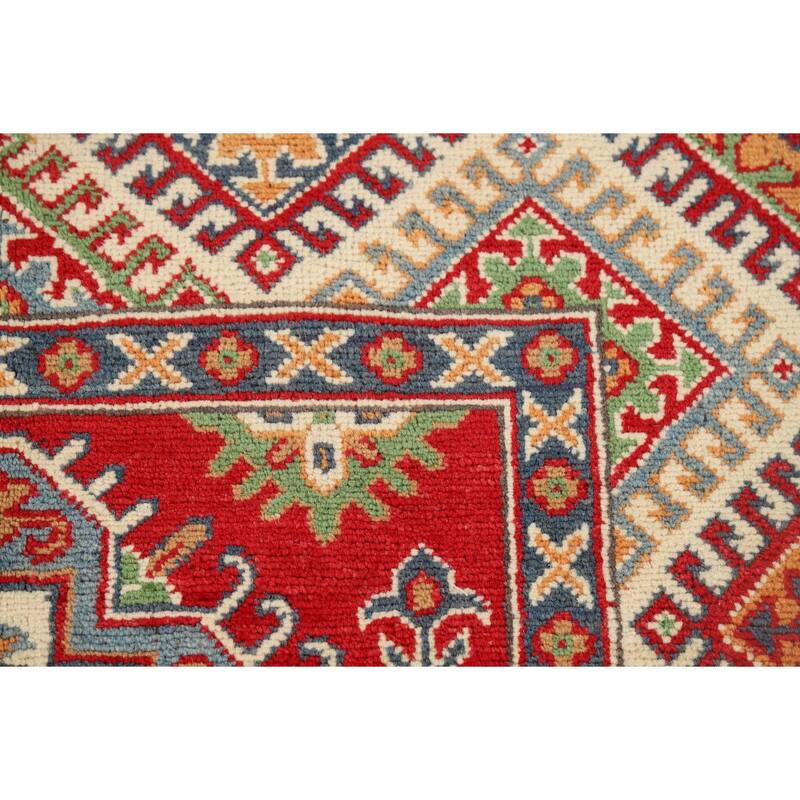 Geometric Red Kazak Oriental Accent Rug Handmade Wool Carpet - 3'4" x 5'1"