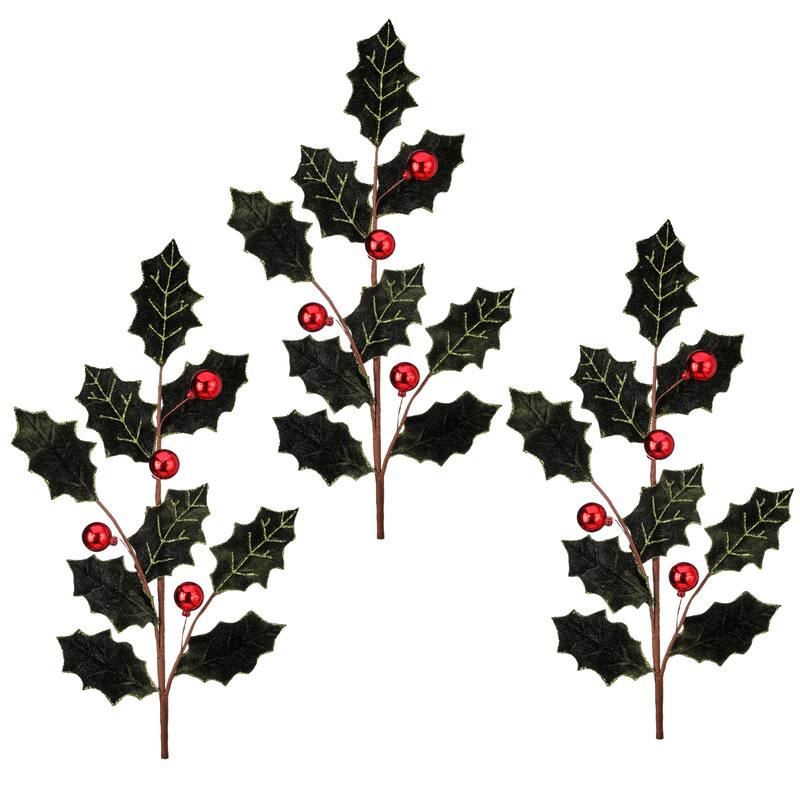27" Velvet Holly Leaf Spray With Ball Set of 3