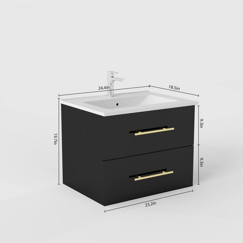 24-Inch Wall-Mounted Bathroom Vanity with Sink Combo,Double Drawers, Ceramic Basin, Easy Assemble,2 Storage Drawers