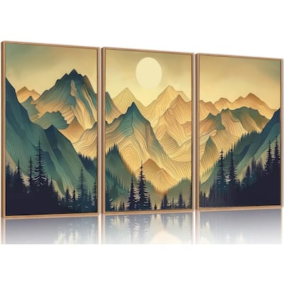 Mountains Forests Framed Canvas Wall Art Set, Abstract Woodland