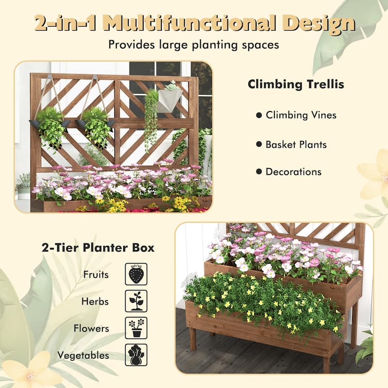 Costway 2-Tier Raised Garden Bed with Trellis Wooden Elevated Planter - See Details