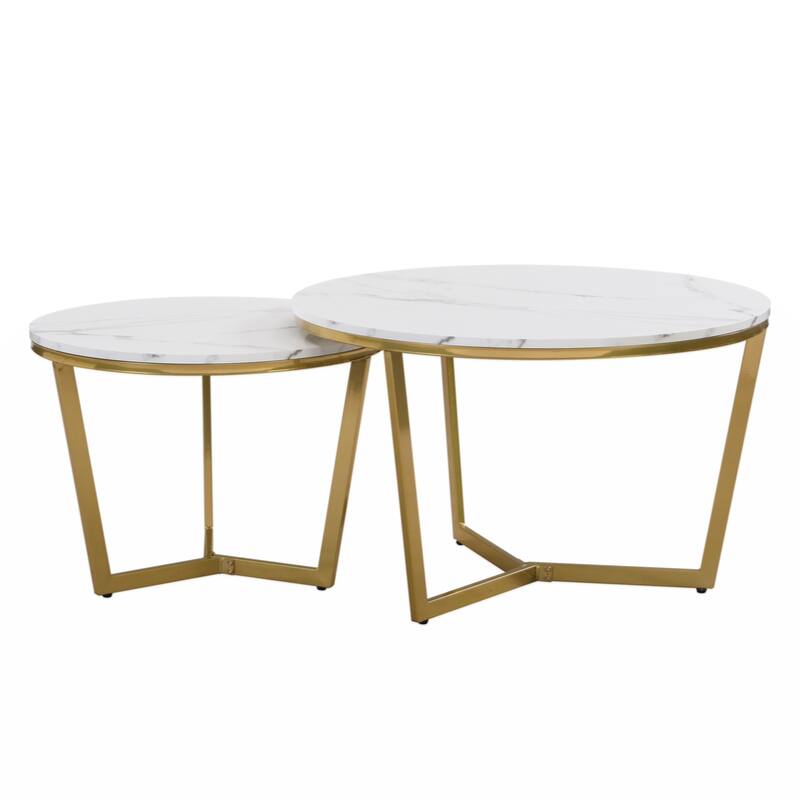 Modern Round Nesting Coffee Table Set 2-Piece White & Marbling Top Gold Base