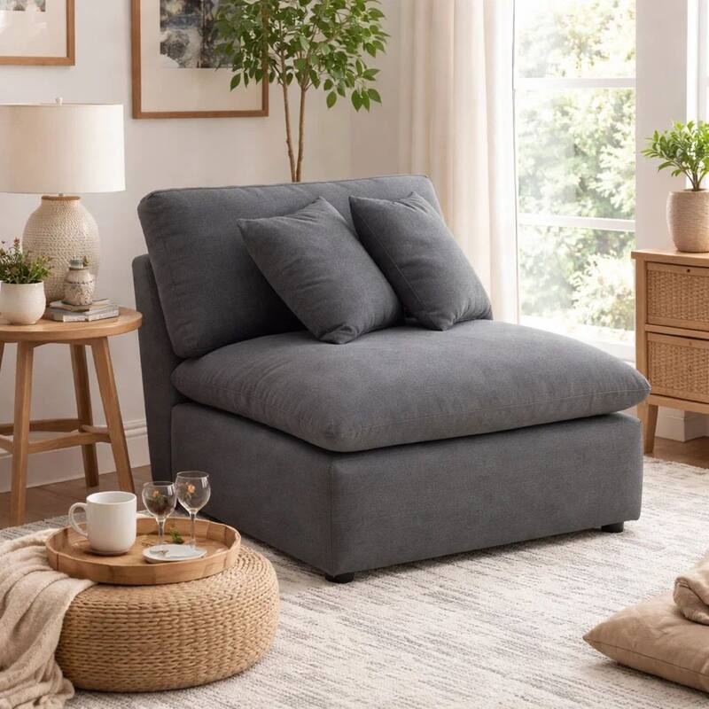 Hobo Modular Armless Chair, Charcoal Gray Fabric, 2 Pillows, 38 Inch