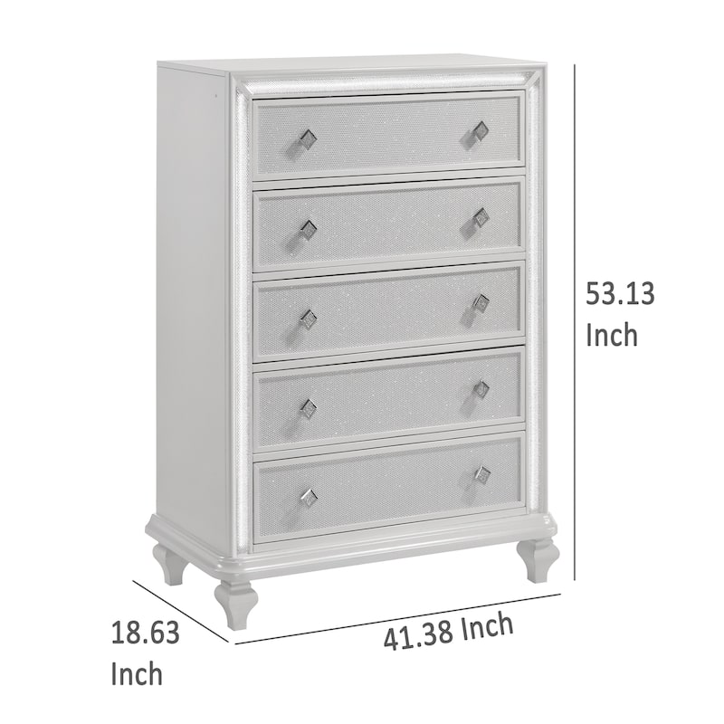 Stacy Tall Dresser Chest with 5 Drawers and LED Lights, White Wood