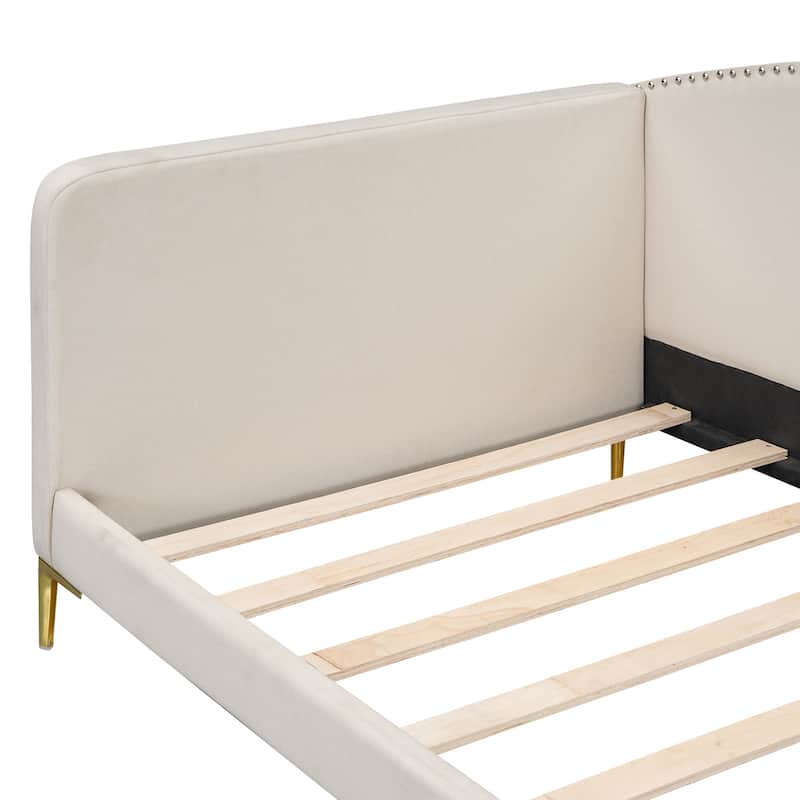 Linen Upholstered Daybed Frame with Metal Support Legs, Wave-Shaped Armrest and Nailhead Trim Backrest, Twin Size Platform Bed