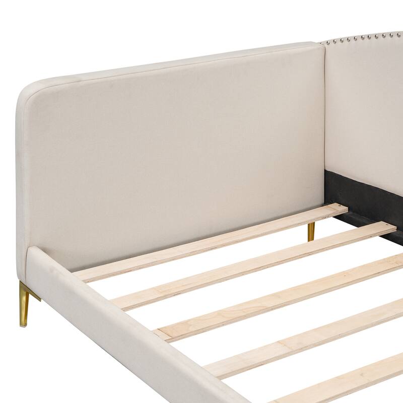 Twin Size Upholstered Daybed with Headboard, Armrest, and Support Legs in Beige