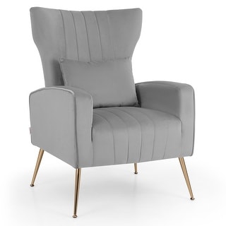 Costway Velvet Upholstered Wingback Chair with Lumbar Pillow & Golden - See Details