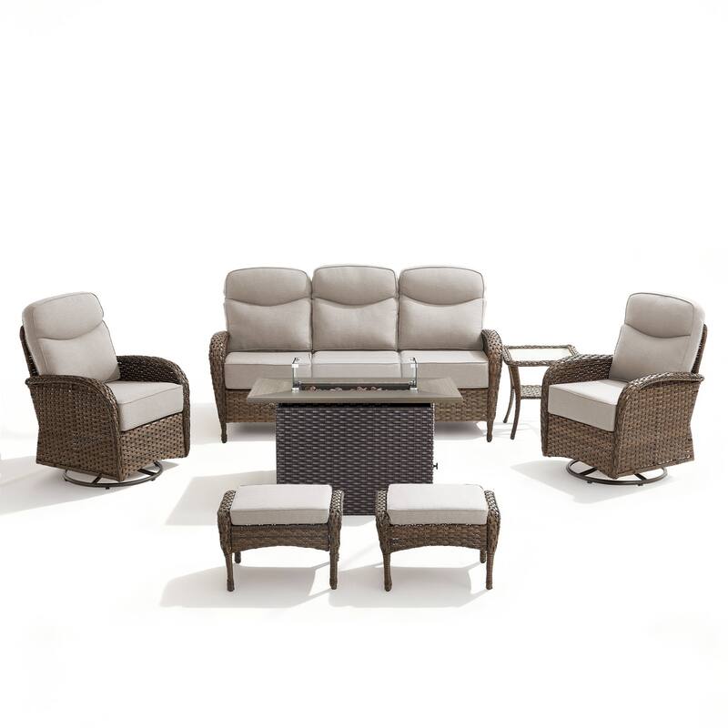 Luna 7-Piece Wicker Outdoor Patio Fire Pit Sofa Set with 6-Inch Thick Cushions