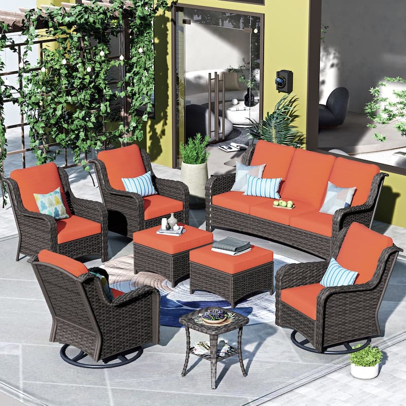 OVIOS 8-piece Patio Wicker Furniture Swivel Chair Set - Red/Orange-Brown Wicker