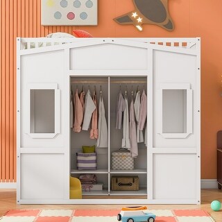 Twin Size Loft Bed with Wardrobe, Ladder, and Guard Rails, White