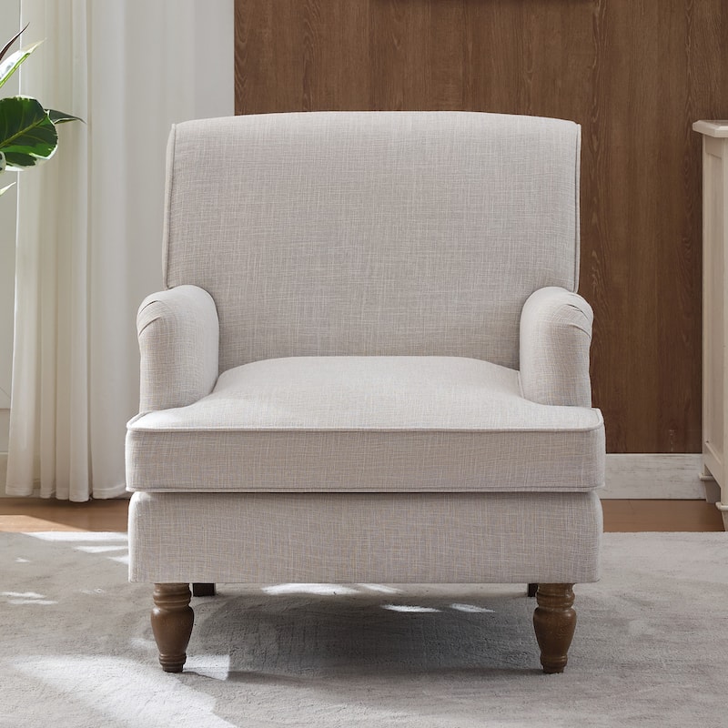 Roomfitters Vintage Upholstered Armchair with Solid Wood Legs, Linen Fabric Accent Chair for Living Room or Bedroom