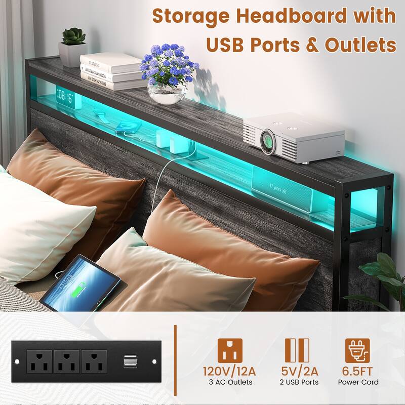 Farmhouse Wood Platform Bed Frame with Charged Station and LED Lights