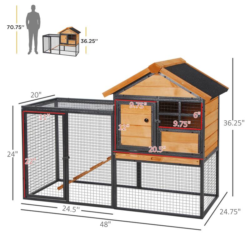 Large Wooden Bunny Hutch with Slide-Out Tray and Ventilated Wire Window for Small Animal - 48" L x 24.75" W x 36.25" H