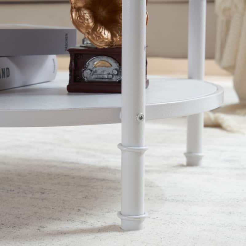 Double-layer Round Dark Walnut-colored Black-veined MDF Panel, White Wrinkled Baked Iron Frame, Industrial Style Coffee Table