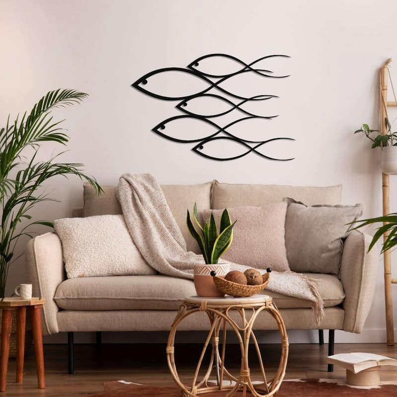 5 Fish Family Metal Wall Decor for Home and Outside - Wall-Mounted Geometric Wall Art Decor