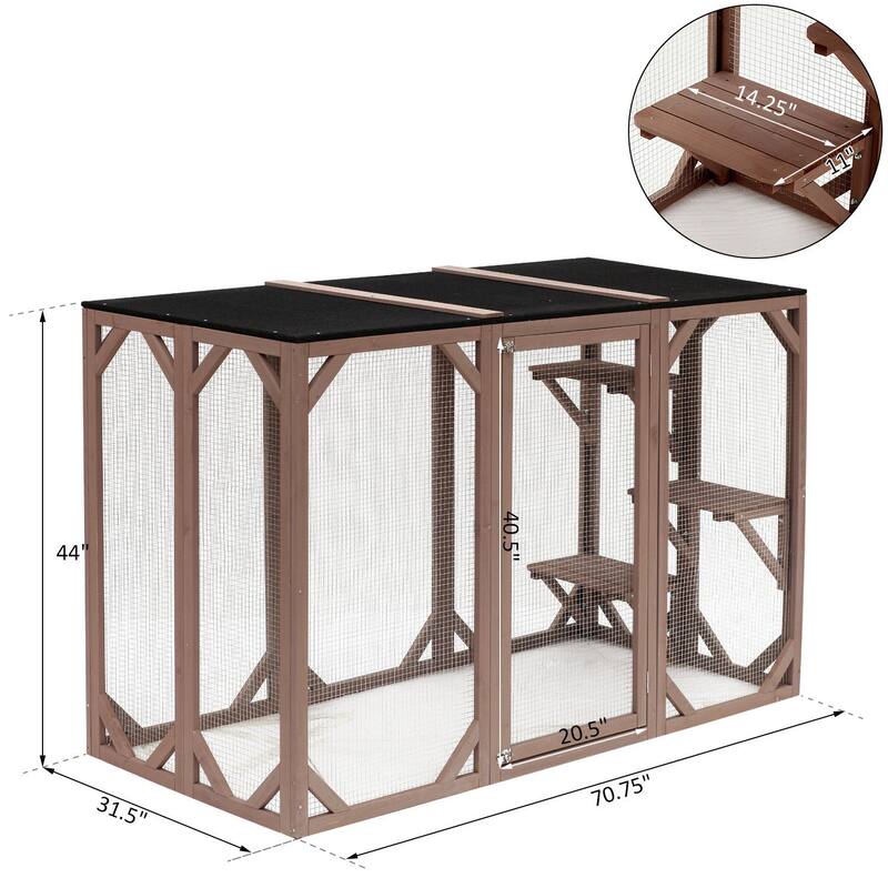 PawHut Wooden Outdoor Cat House Catio Kitten Enclosure Indoor Cage with Asphalt Roof, Multi-Level Platforms and Large Enter Door