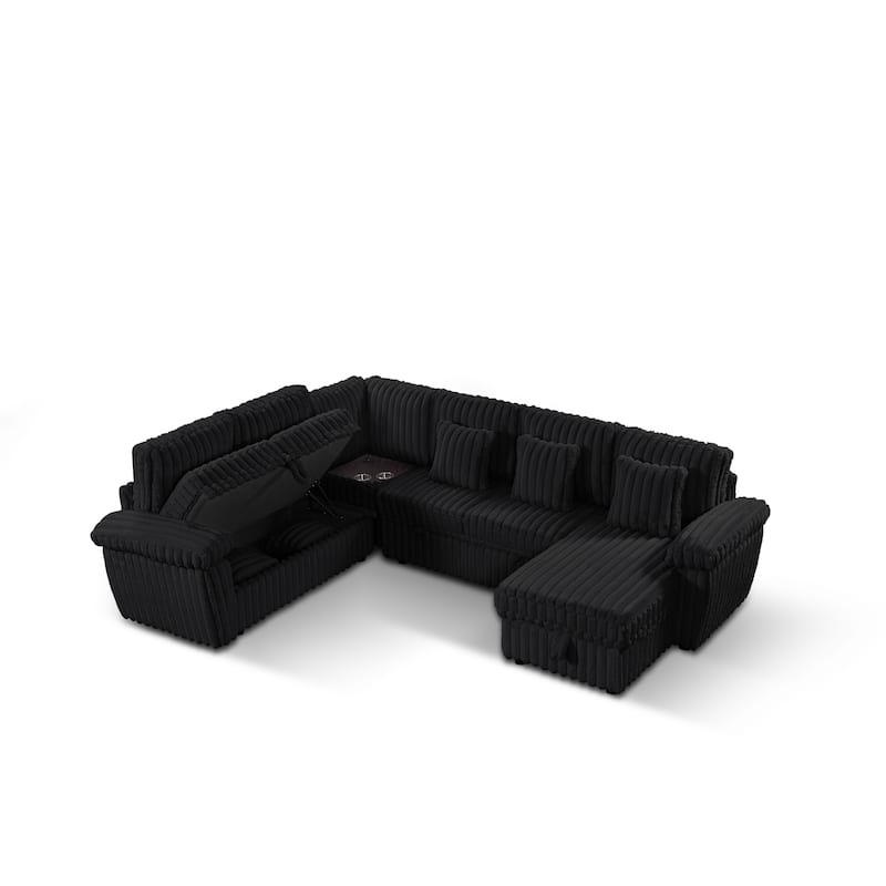 U-Shaped Corduroy Sectional Sofa with Storage Chaise & Pull-Out Bed, Upholstered Corner Sofa with Cup Holder & USB Port