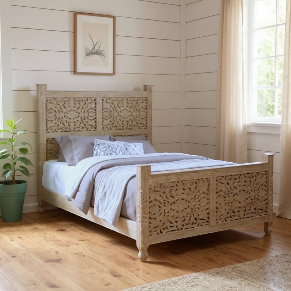 HomeRoots White Carved Floral Distressed Solid Wood Queen Bed Frame