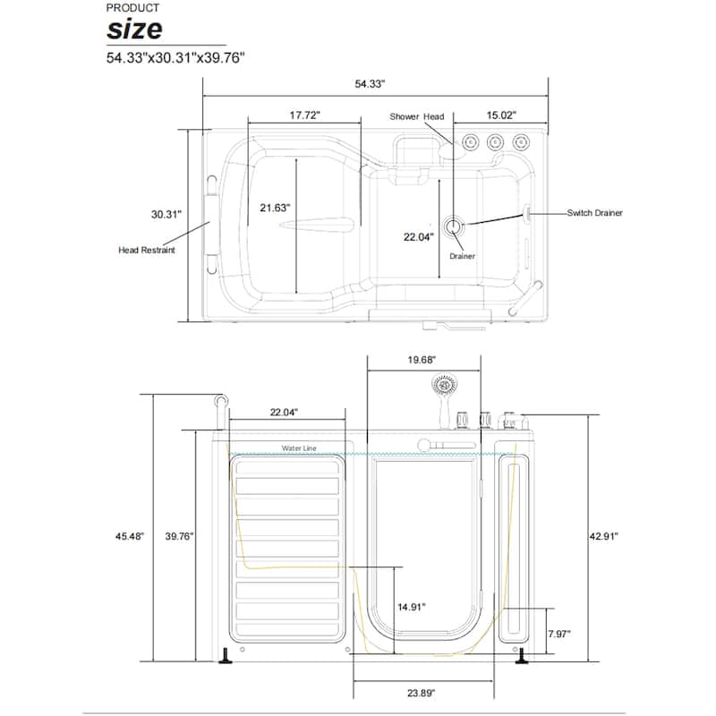 54 in.Right Drain Walk-in Soaking Bath Tub with Outward Opening Door in White - 53"