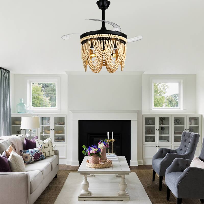 Cusp Barn 42" Retractable Ceiling Fan with Light, Farmhouse Wooden Bead Chandelier, Quiet DC Motor 6 Speeds Bohemian Ceiling Fan