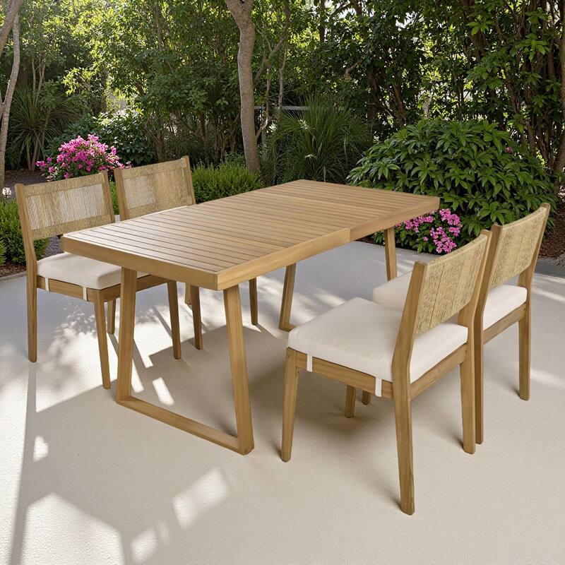 5-Piece Outdoor Patio Acacia Wood Dining Set with Rectangular Table and 4 Cushioned Chairs - Beige