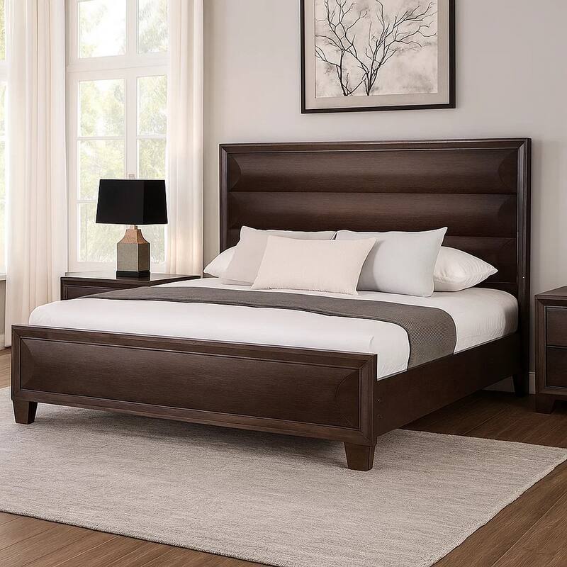 Nitz King Bed, Paneled Headboard with Beveled Fronts, Espresso Brown Wood
