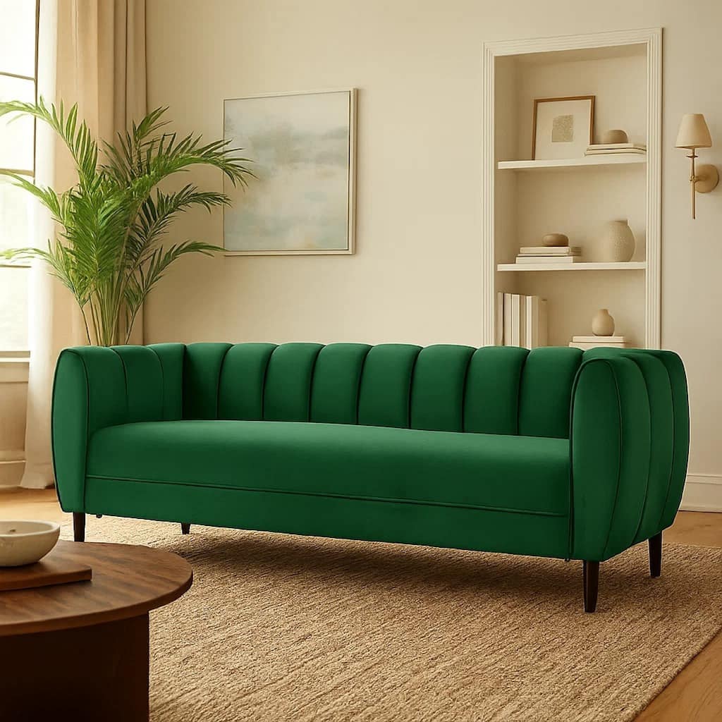 Orla Sofa, 83 Inch, Retro Channel Tufted Stitch Design, Green Velvet