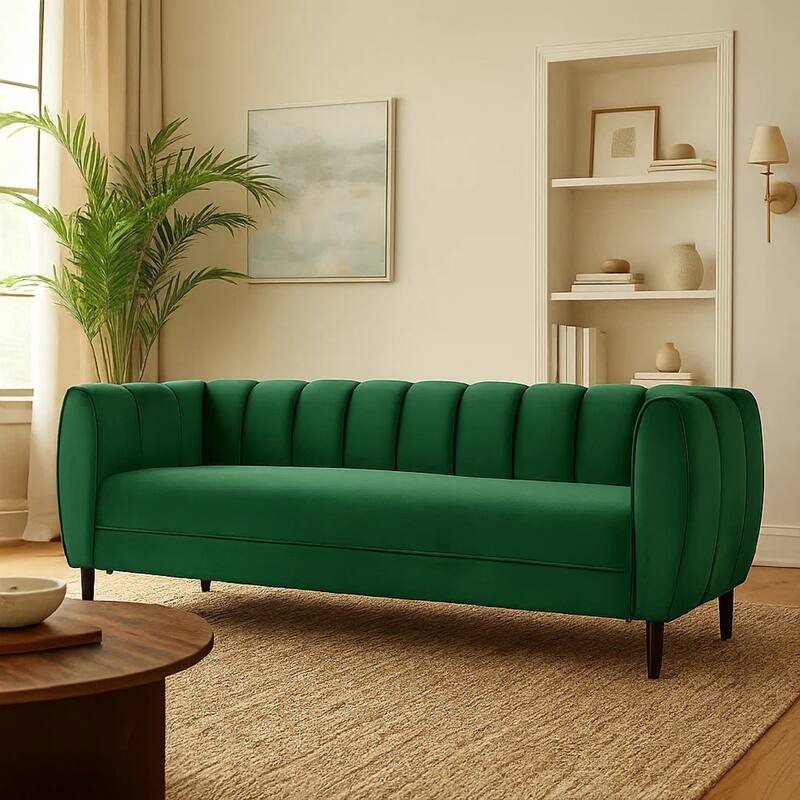 Orla Sofa, 83 Inch, Retro Channel Tufted Stitch Design, Green Velvet