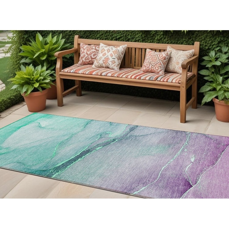 Allus Contemporary Abstract Weather Resistant Blended Style Outdoor Rug - 8' Runner - Green