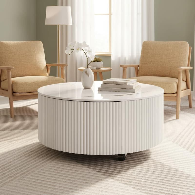 Contemporary Round Coffee Table with Lockable Casters by Harper&Bright Designs - White