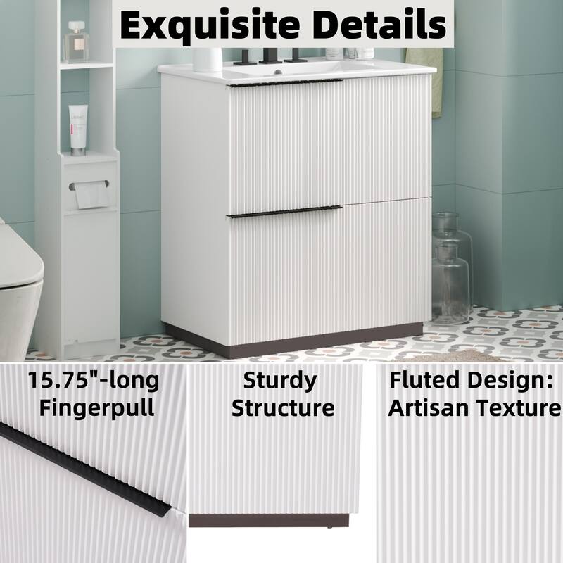 30" Bathroom Vanity with Ceramic Sink and Full-Extension Drawers, Soft Close Undermount Drawer Slides, Fluted Design, Natural