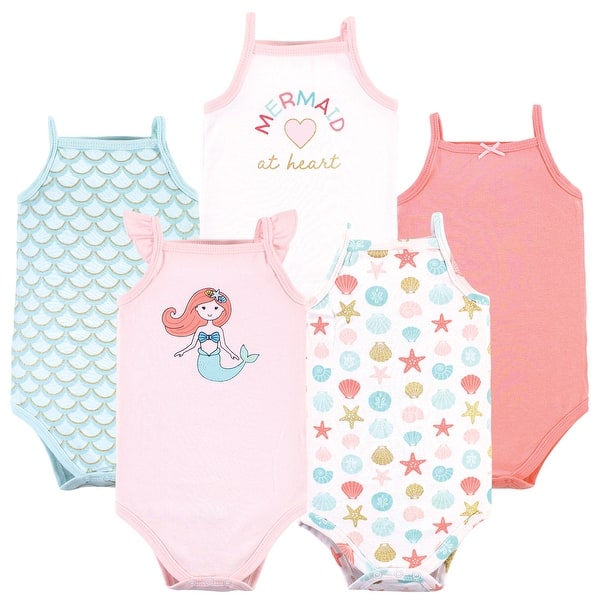 slide 1 of 1, Hudson Baby Infant Girl Cotton Sleeveless Bodysuits, Coral Mint Mermaid 0-3 Months - Coral Mint Mermaid