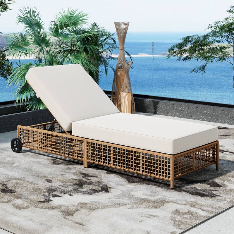 Outdoor Lounge Chair, Patio Chaise Lounge with 5-Position Backrest, Rattan Outdoor Lounge Chair with Cushion