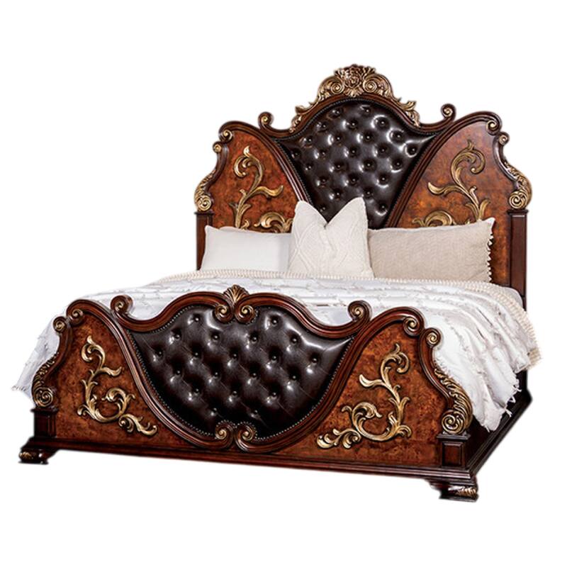Iliana Queen Bed, Dark Cherry Brown, Black Faux Leather, Gold Carvings