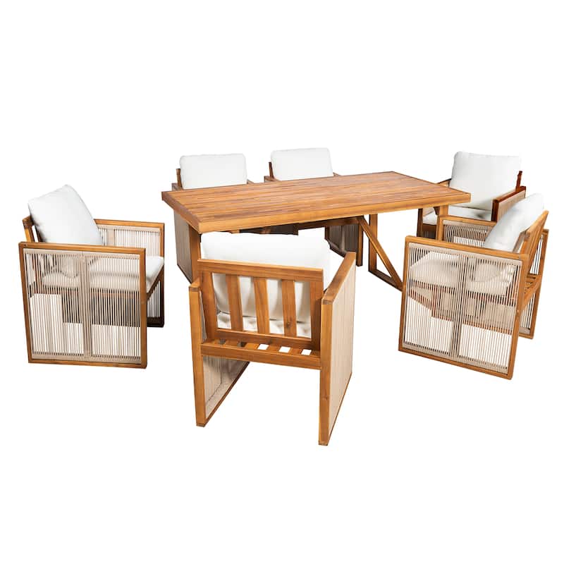 Christopher Knight Home - Modern Outdoor Acacia Wood Dining Set with Cushions and Handwoven Rope Chairs
