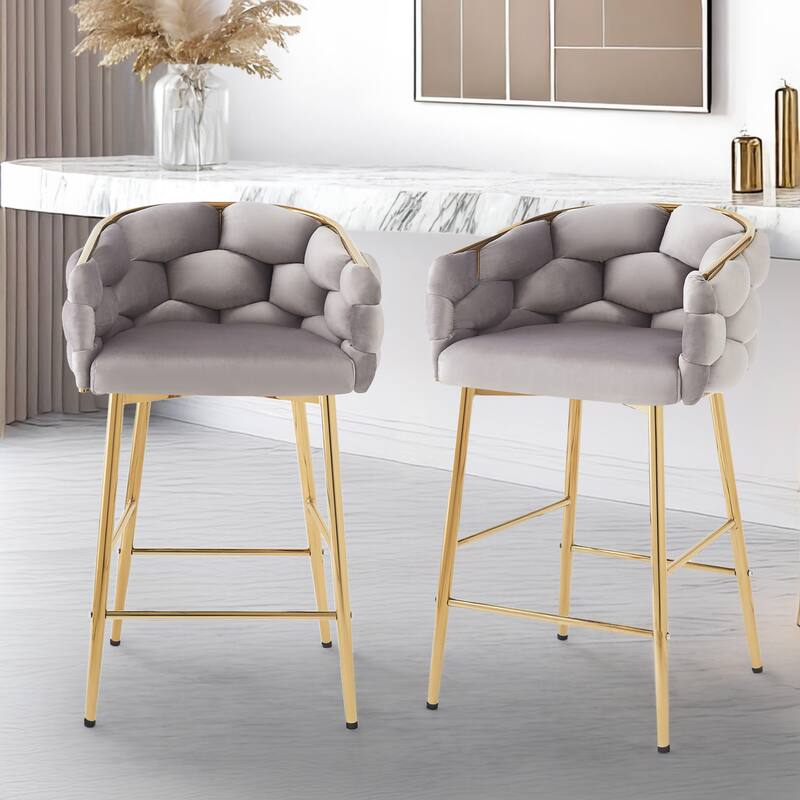 Roomfitters 28'' Velvet Counter Stools, Set of 2 Modern Upholstered Bar Chairs with Soft Cushions and Iron Frame - Grey