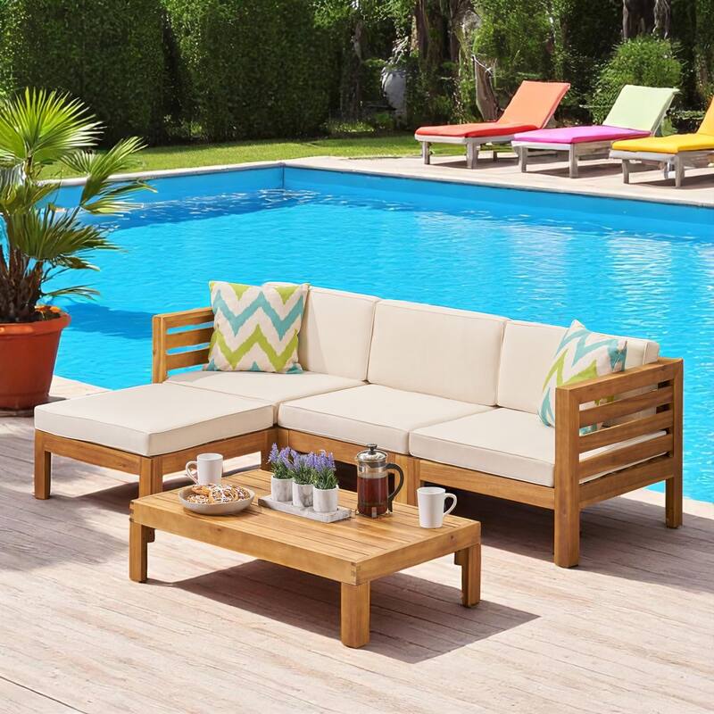 2-Piece Outdoor Patio Sectional Sofa Set, Acacia Wood Frame with Cushions, Ottoman and Coffee Table, outdoor Conversation Set