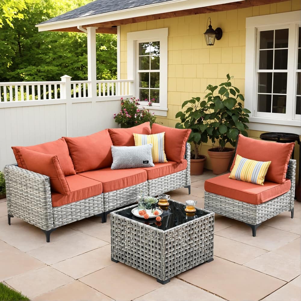 OVIOS 5 Pieces Outdoor Wicker Furniture Set With Solar-Powered Coffee Table