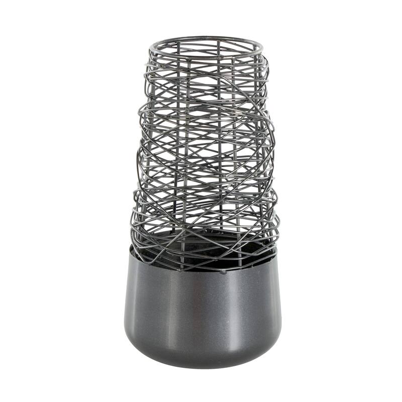 Black Metal Intertwined Wire Abstract Vase with Solid Matte Base
