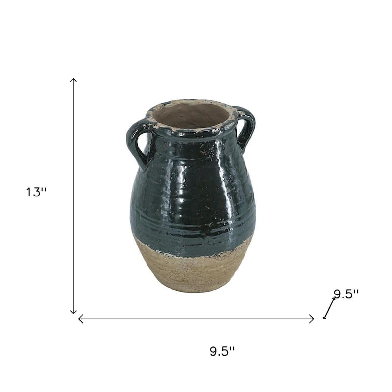 13" Forest Green And Sand Color Block Terracotta Round Jug Vase - 9.50