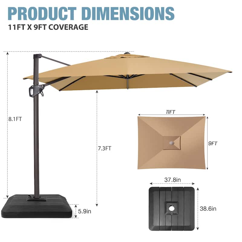 VredHom Patio Outdoor 9 x 11 FT Cantilever-Offset Umbrella with Premium Weight Base