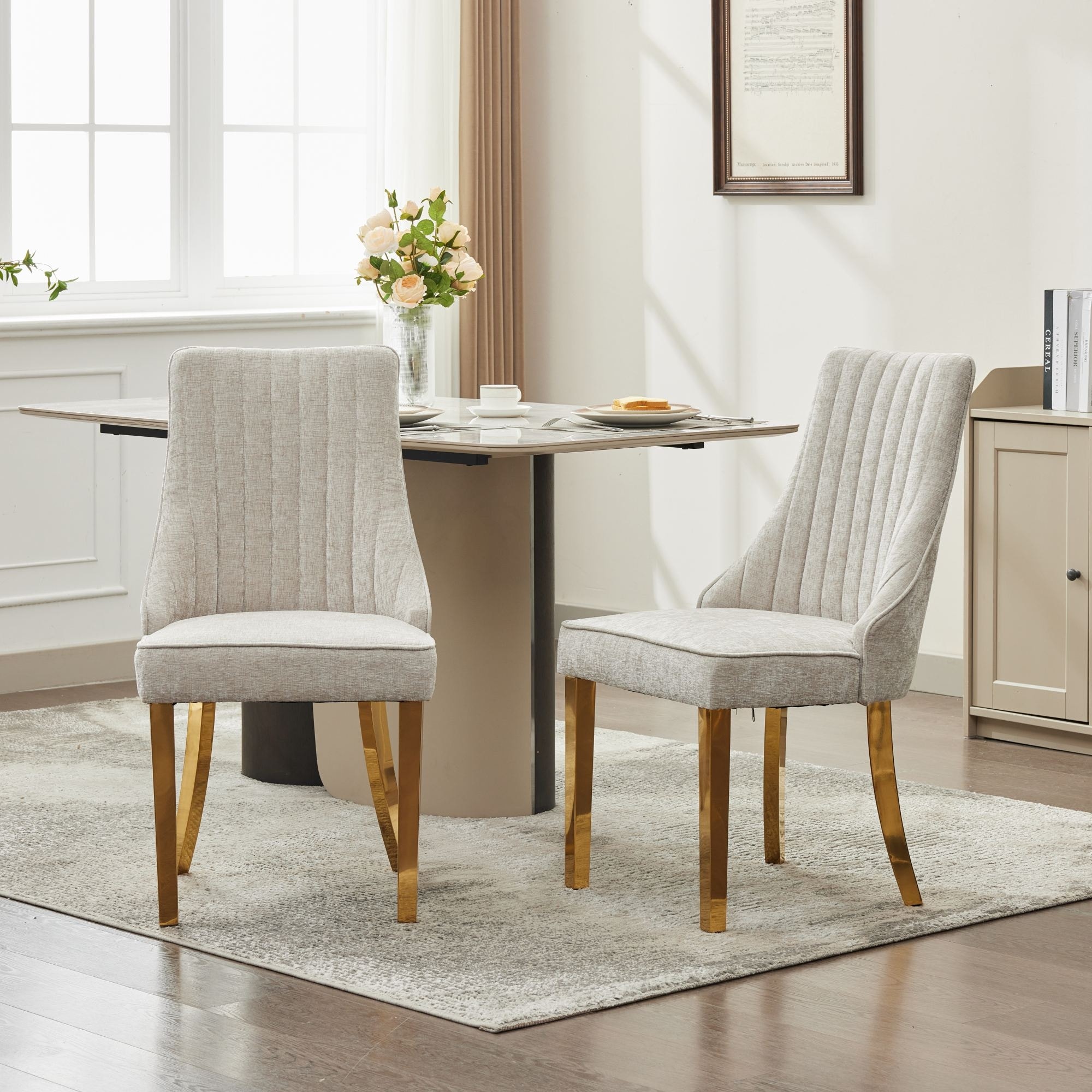 Beige Chenille Dining Chairs Comfy Fabric Upholstered Accent Chair w/ Stainless Steel Plating Legs - Set of 2