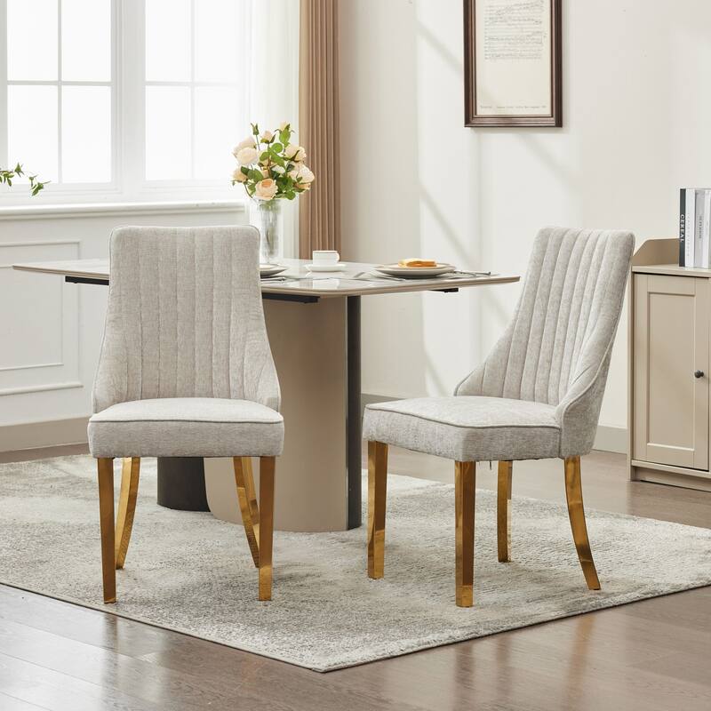 GDF Studio- Rayon Chenille Upholstered Dining Chair with Tufted Back & Golden Metal Base, Set of 2 - Beige+Goldenbase
